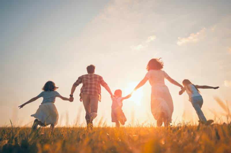 Rückansicht einer Familie mit Mutter, Vater und drei Mädchen auf feiner Wiese Hand in Hand der Sonne entgegen laufend im Abendlicht